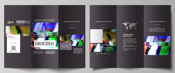 Fototapeta na wymiar Tri-fold brochure business templates on both sides. Easy editable abstract vector layout in flat design. Glitched background made of colorful pixel mosaic. Digital decay, signal error, television fail