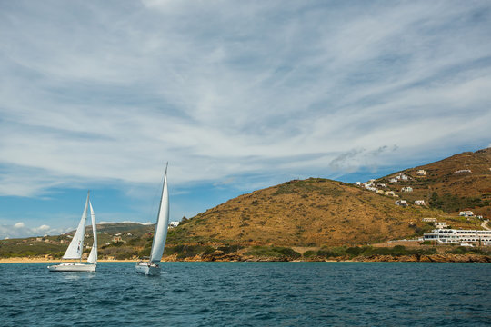 View of Marina at the Andros island, Aegean sea, Greece.