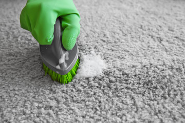 Hand in rubber glove cleaning carpet with brush, close up