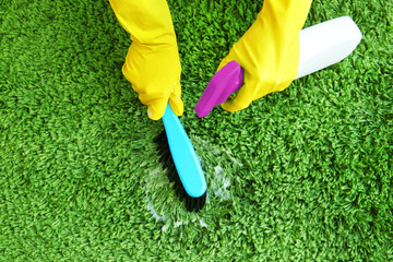 Hands of human in rubber gloves cleaning carpet with brush and detergent