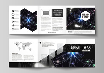 Set of business templates for tri fold square design brochures. Leaflet cover, abstract flat layout, easy editable vector. Sacred geometry, glowing geometrical ornament. Mystical background.