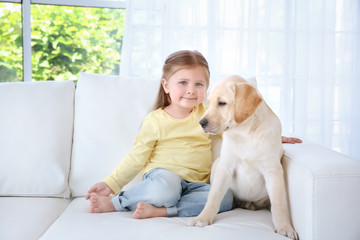 Cute child with Labrador Retriever on sofa