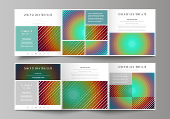 Business templates for tri fold square brochures. Leaflet cover, abstract vector layout. Minimalistic design with circles, diagonal lines. Geometric shapes forming beautiful retro background.
