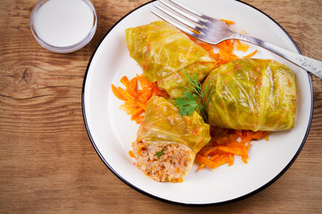 Cabbage rolls with meat; rice and vegetables. Stuffed cabbage leaves with meat. Dolma; sarma; sarmale; golubtsy or golabki. View from above, top studio shot