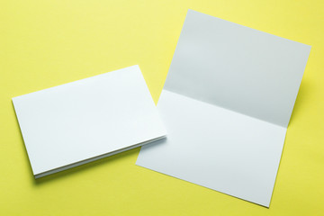 Identity design, corporate templates, company style, set of booklets, blank white folding paper flyer on a yellow background.