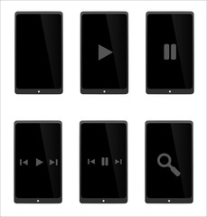 Ensemble de tablette grise et noire, moderne et réaliste avec options de lecture, communication, film, internet et musique