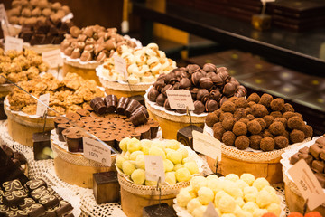 Handmade chocolate sweets in Lviv's shop, Ukraine