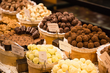 Handmade chocolate sweets in Lviv's shop, Ukraine