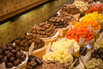 Handmade chocolate sweets in Lviv's shop, Ukraine