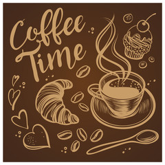 Hand drawn coffee time illustrations. Vintage vector background.