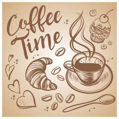 Hand drawn coffee time illustrations. Vintage vector background.