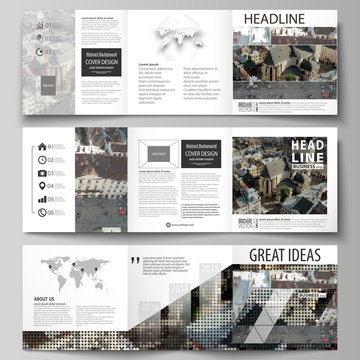 Business templates for tri fold square design brochures. Leaflet cover, abstract flat layout, easy editable vector. Colorful background made of dotted texture for travel business, urban cityscape.