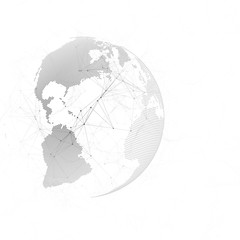 Abstract futuristic network shapes. High tech background, connecting lines and dots, polygonal texture. Black world globe on white. Global network connections, geometric design, dig data concept.