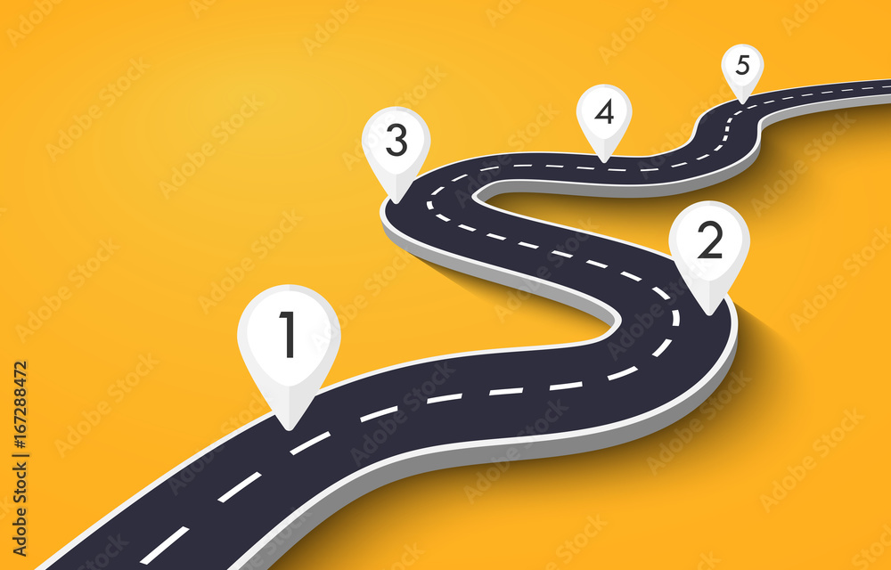 Poster winding road on a white isolated background. road way location infographic template with pin pointer