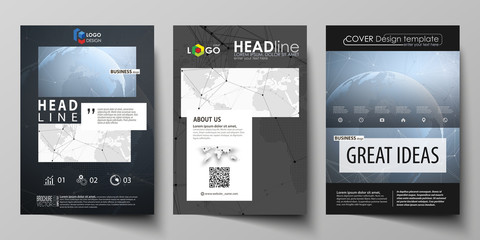 The black colored vector illustration of the editable layout of A4 format covers design templates for brochure, flyer, booklet. World globe on blue. Global network connections, lines and dots.