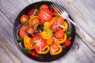 Different sorts of tomatoes, parsley, dill and red onion salad. View from above, top studio shot