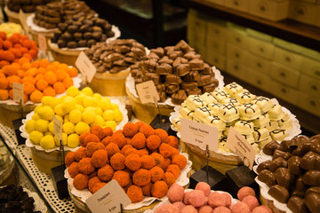 Handmade chocolate sweets in Lviv's shop, Ukraine