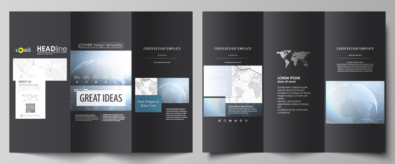 The black colored minimalistic vector illustration of the editable layout of two creative tri-fold brochure covers design templates. World globe on blue. Global network connections, lines and dots.