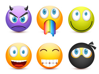 Smiley with blue eyes,emoticon set. Yellow face with emotions. Facial expression. 3d realistic emoji. Sad,happy,angry faces.Funny cartoon character.Mood.Vector illustration.