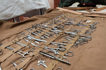 Large selection of stainless steel surgical equipment, including Magill and artery forceps,...