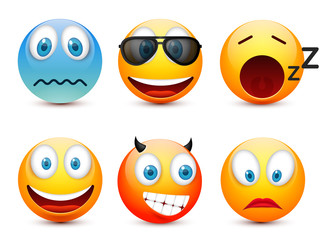 Fototapeta premium Smiley with blue eyes,emoticon set. Yellow face with emotions. Facial expression. 3d realistic emoji. Sad,happy,angry faces.Funny cartoon character.Mood.Vector illustration.