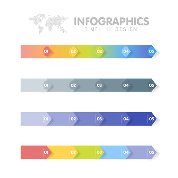 Business infographics template set. Timeline with 5 arrow steps, five number options. Vector