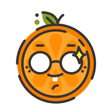 Cute smile emoji wearing glasses. Smiley smart orange fruit emoji with glasses. Vector flat design emoticon icon isolated on white background.