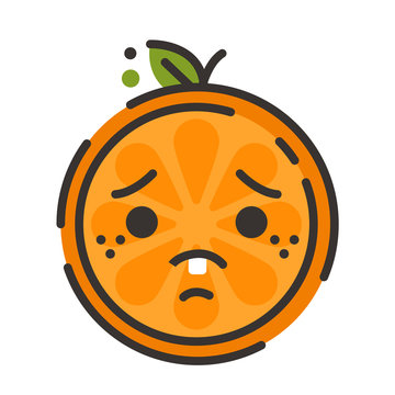 Sad emoji. Sad despondent orange fruit emoji feeling like crying. Vector flat design emoticon icon isolated on white background.
