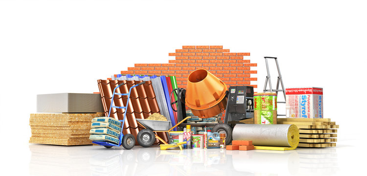 Set of construction materials and tools isolated on a white background. 3d illustration