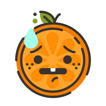 Worry emoji. Worrying orange fruit emoji with drop of sweat. Vector flat design emoticon icon isolated on white background.