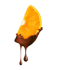 Slice of orange in liquid hot chocolate isolated on white background