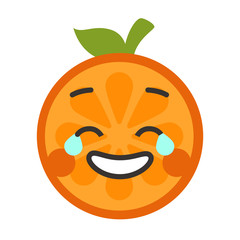 Laugh with tears emoji. Laughing with tears orange fruit emoji. Vector flat design emoticon icon isolated on white background.