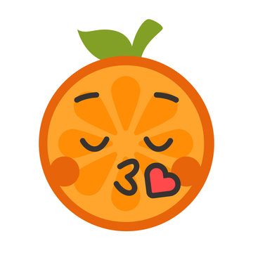 Kiss emoji. Kissing orange fruit emoji with heart. Vector flat design emoticon icon isolated on white background.