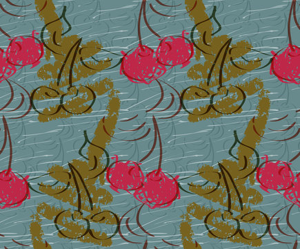 Red cherries on green scribbles and blue