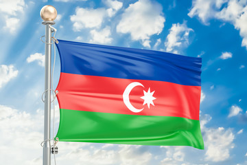 Azerbaijan flag waving in blue cloudy sky, 3D rendering