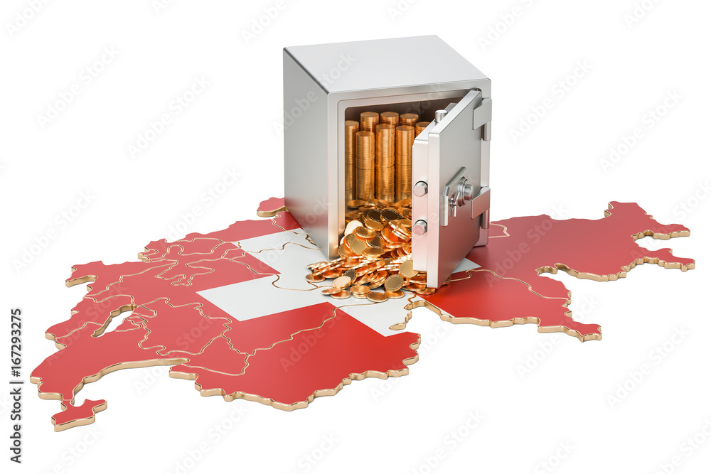 Poster safe box with golden coins on the map of switzerland, 3d rendering
