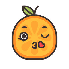 Kiss emoji. Kissing orange fruit emoji with heart. Vector flat design emoticon icon isolated on white background.