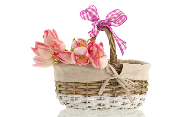 Fototapeta na wymiar Basket with bouquet tulips