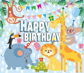 Birthday greeting cards with cute animals. Vector illustration.