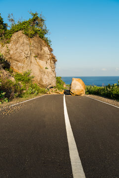 New Asphalt Road Path Blocked By Land Slide / Rock Fall.