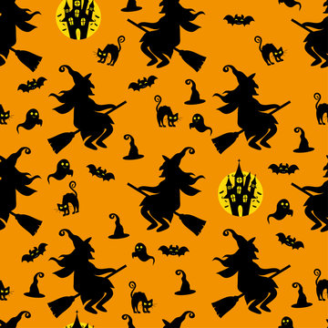 Abstract seamless pattern for girls or boys. Creative vector background with cat, whitch, halloween. Funny wallpaper for textile and fabric. Fashion style. Colorful bright picture for children.