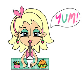 Cute cartoon character, blonde girl in strawberry earrings, pink clothes & hair bow eating tasty junk food lunch. Fast food restaurant scene with speech bubble. Young woman enjoying delicious snacks.