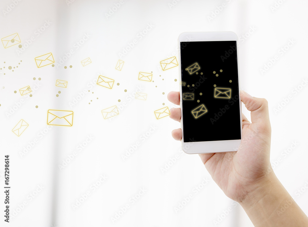Poster hand holding man check and sending message with email in a phone on white background, communication 