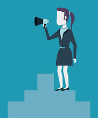 colorful background with businesswoman on top with megaphone