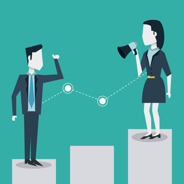 colorful background of business man and woman on the economic status bar and her with megaphone