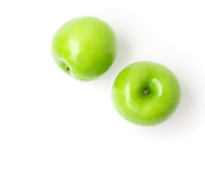 Green apple on white background, fruit healthy concept, top view