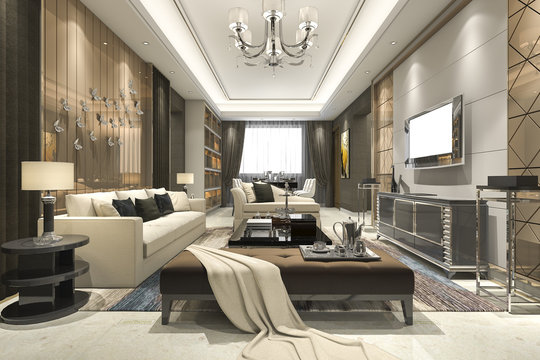 3d rendering luxury and modern living room with chandelier