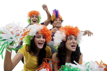 Youngsters with wigs cheering 