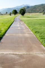 Wet concrete path with diminishing perspective towards the San Juan mountains in Colorado