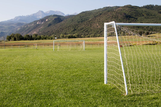 Soccer goal and mountains in Colorado